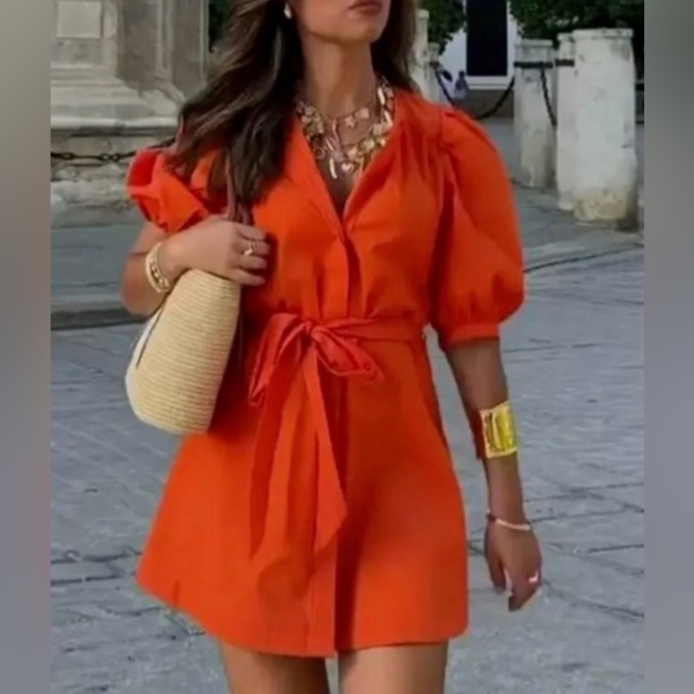 ZARA Poplin Dress ZW Collection Orange Puff Sleeve Dress Size L